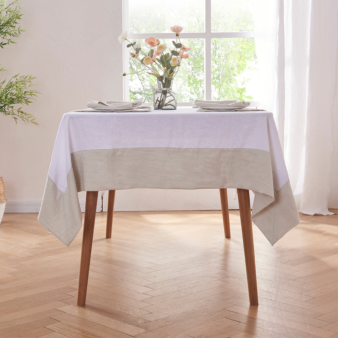 100% Linen White Tablecloth with Cool Gray Border on Table