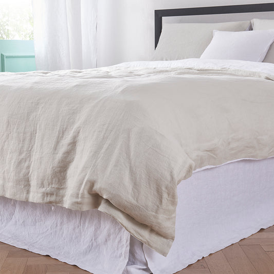 Corner of Cool Gray and White Two-Tone Linen Duvet Cover