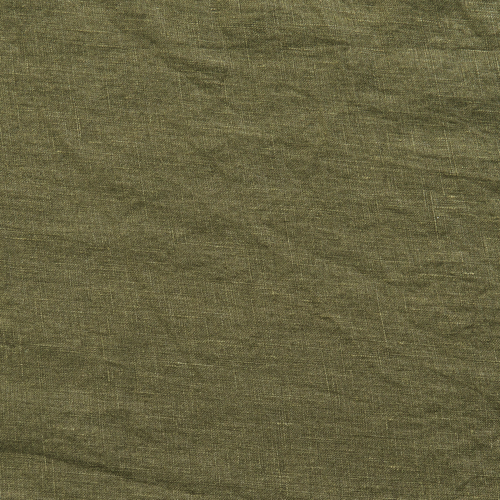 Close up of 100% linen fabric in green olive