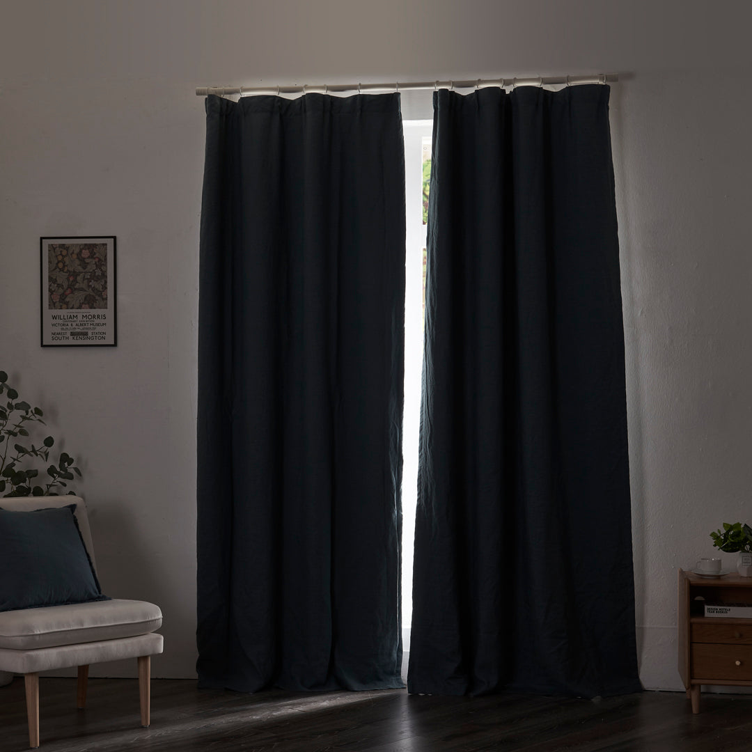 Closed French Blue Linen Blackout Curtains on Window