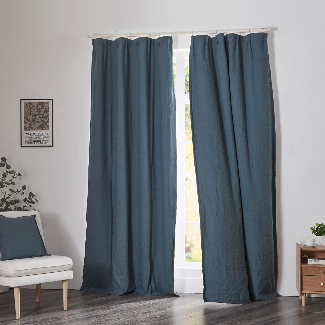 100% Linen French Blue Blackout Curtains on Window