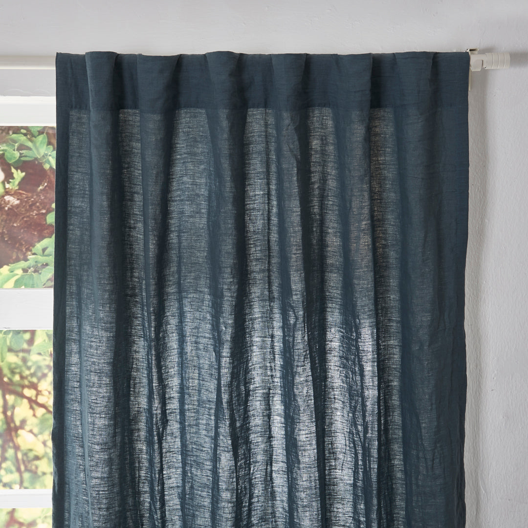 Top of French Blue Linen Curtain Drapery With Cotton Lining