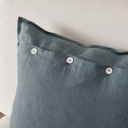 Mother-of-pearl Buttons on French Blue Linen Cushion Cover