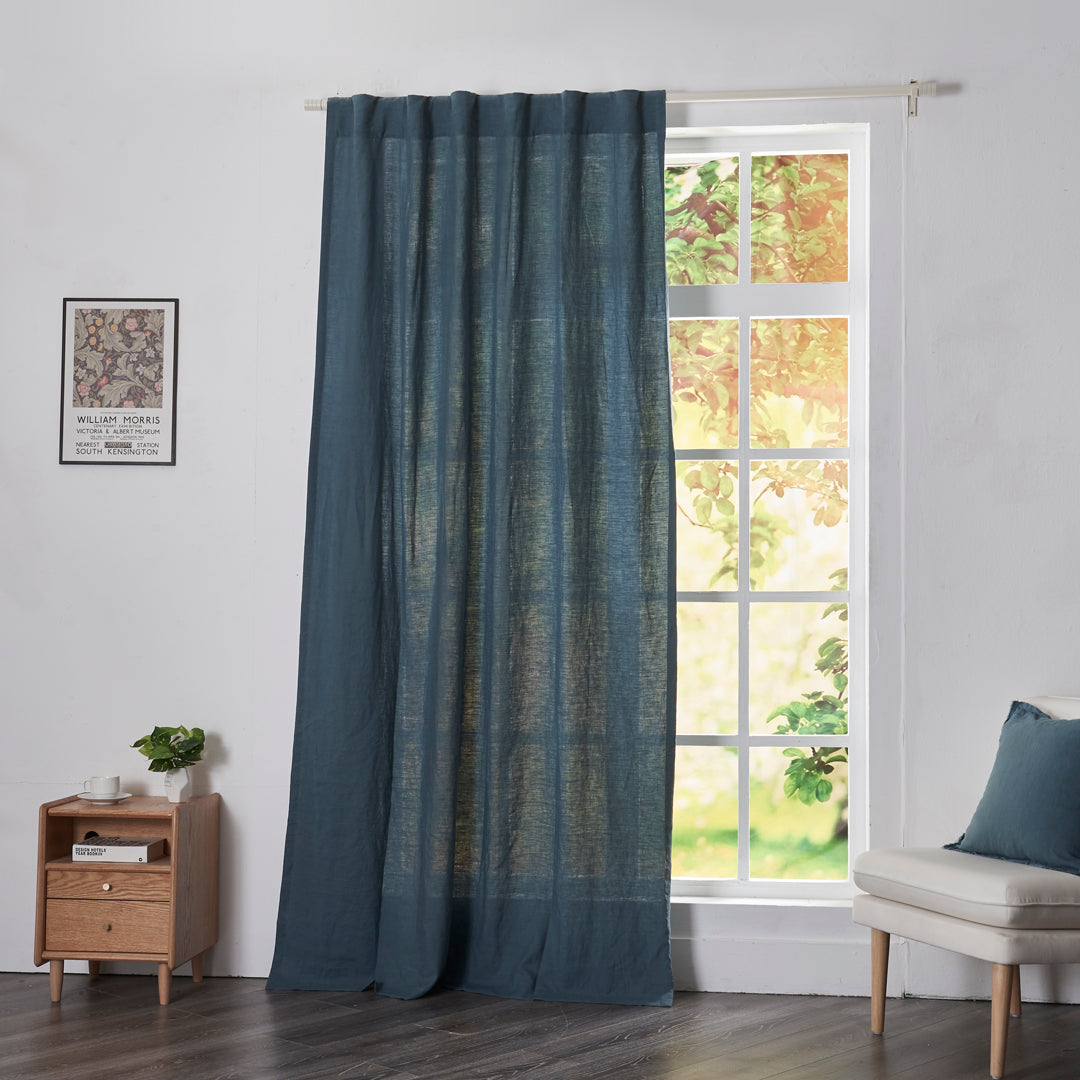 French Blue Linen Drapery With Back Tab on Window