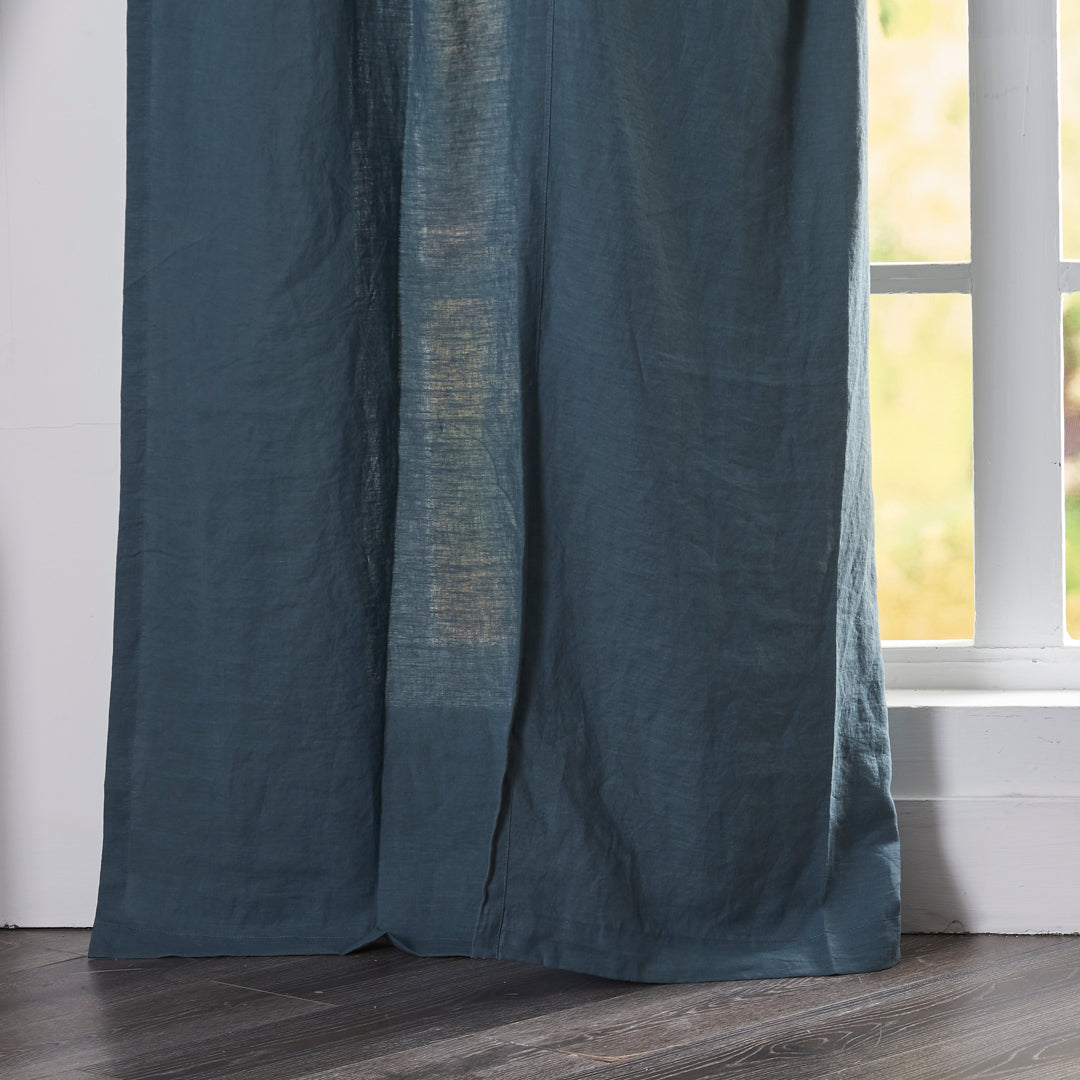 Hem of French Blue Linen Curtain With Back Tab