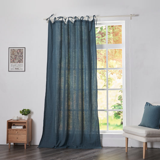 French Blue Linen Drapery With Tie Top on Window