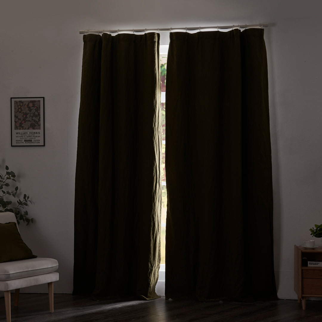 Closed Olive Green Blackout Linen Curtains Blocking Light