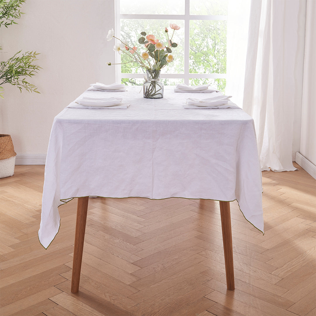 White Linen Rectangle Tablecloth with Leek Green Edge Embroidery