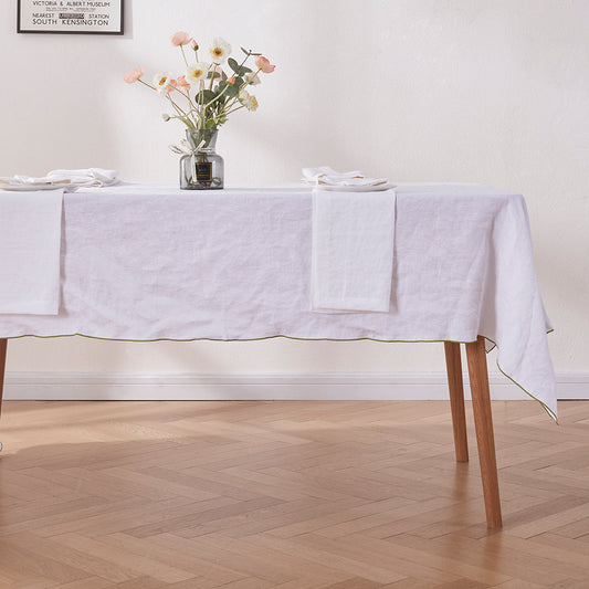 White Linen Tablecloth with Green Edge Embroidery
