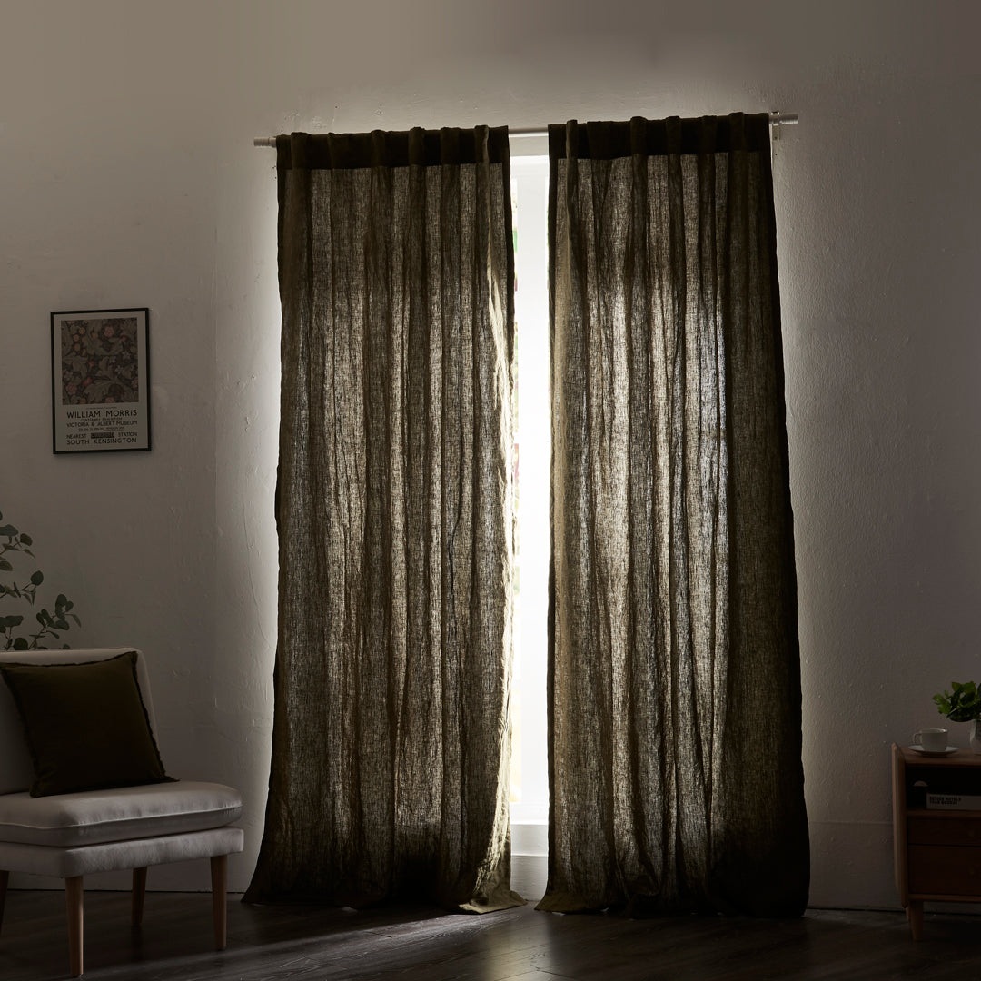 Olive Green Linen Curtain With Cotton Lining Closed Over Window
