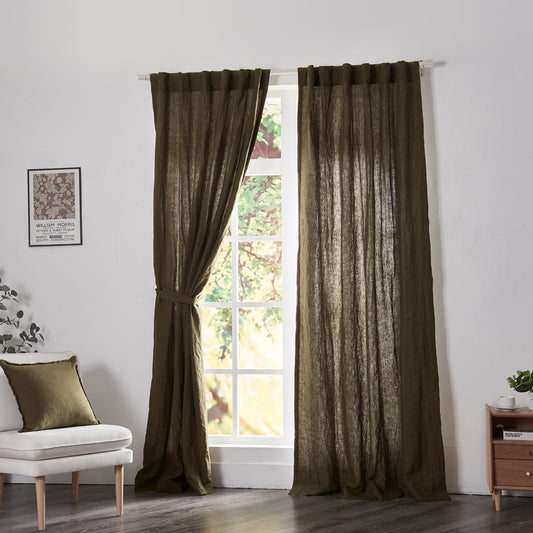 Green Olive Linen Curtain Panels With Cotton Lining on Window