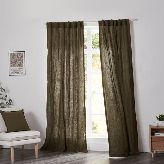 Olive Green Linen Curtains With Cotton Lining on Window