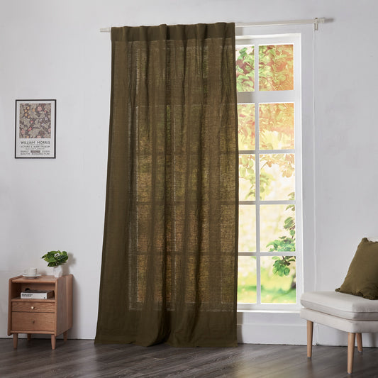 Olive Green Linen Drapery With Back Tab on Window