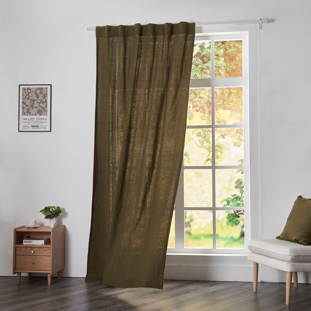 Olive Green Linen Curtain With Back Tab on Window