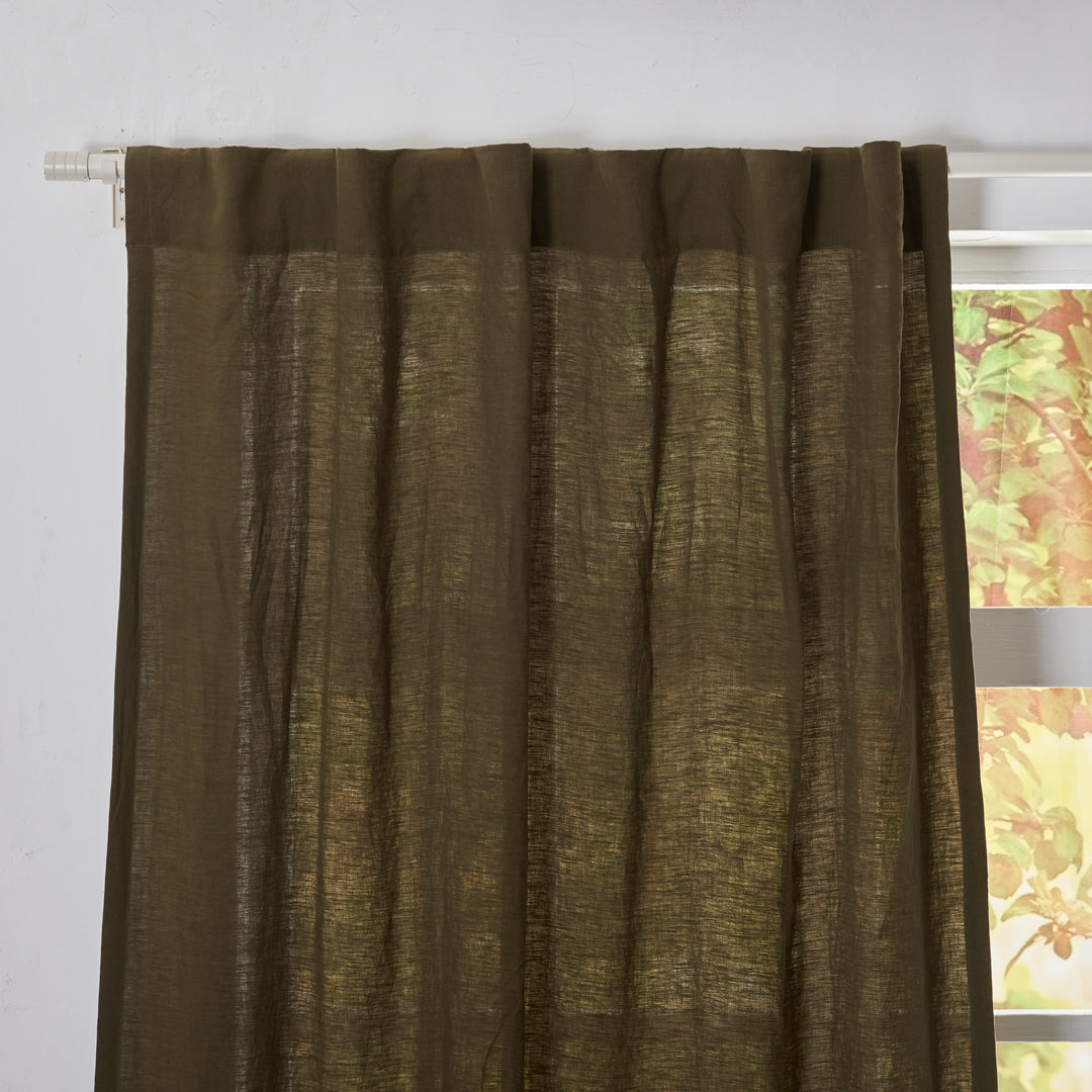 Back Tab Top of Olive Green Linen Curtain