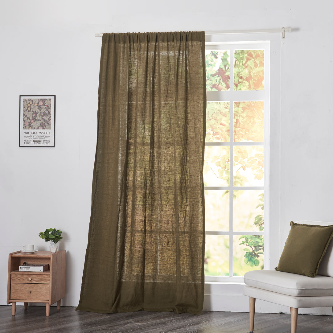 Olive Green Linen Drapery With Rod Pocket on Window
