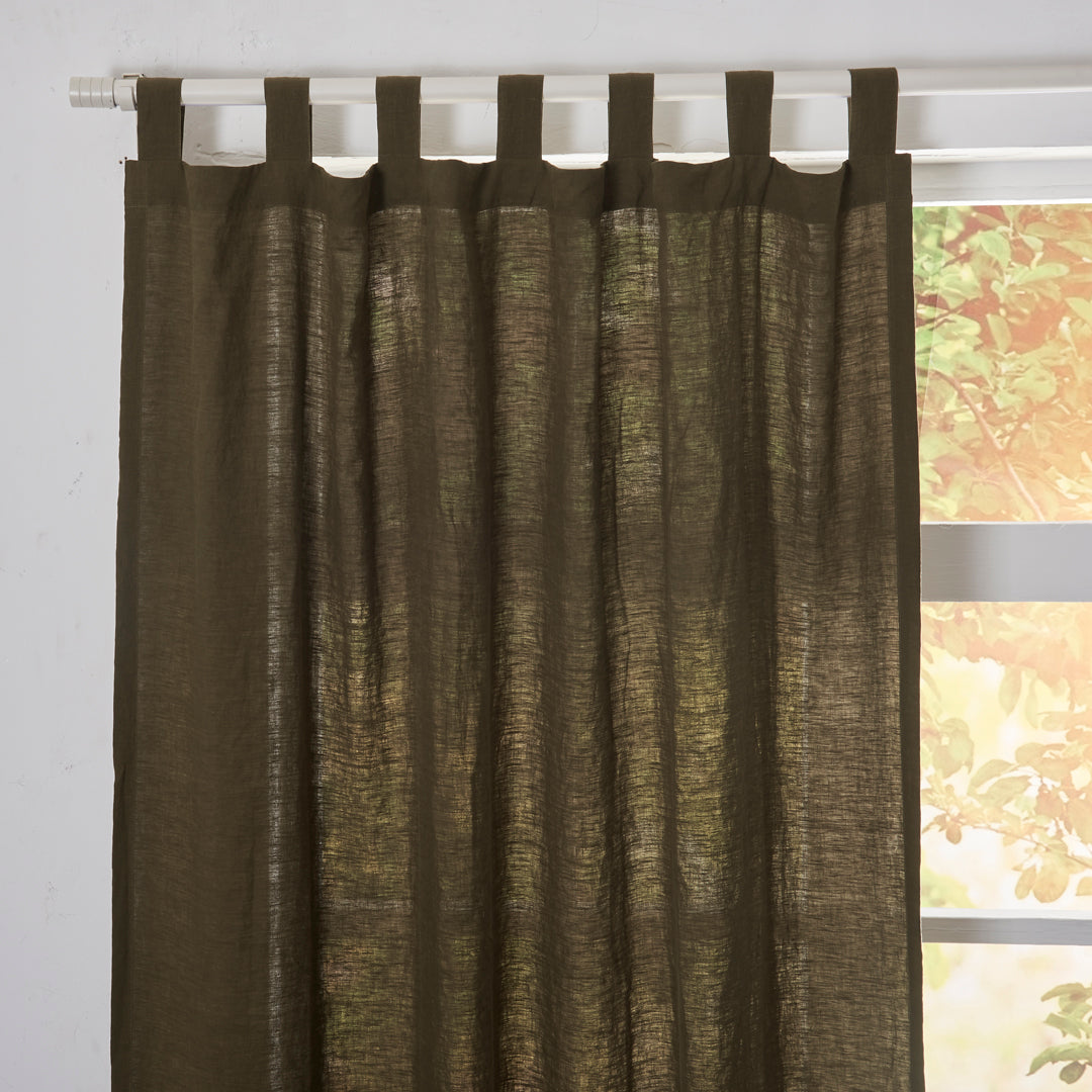Tab Top of Olive Green Linen Curtain Panel