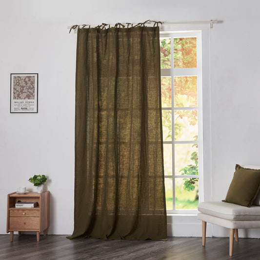 Olive Green Linen Drapery With Tie Top on Window