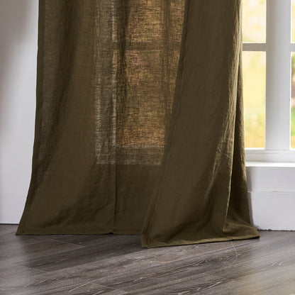 Hem of Tie Top Olive Green Linen Curtain Panel