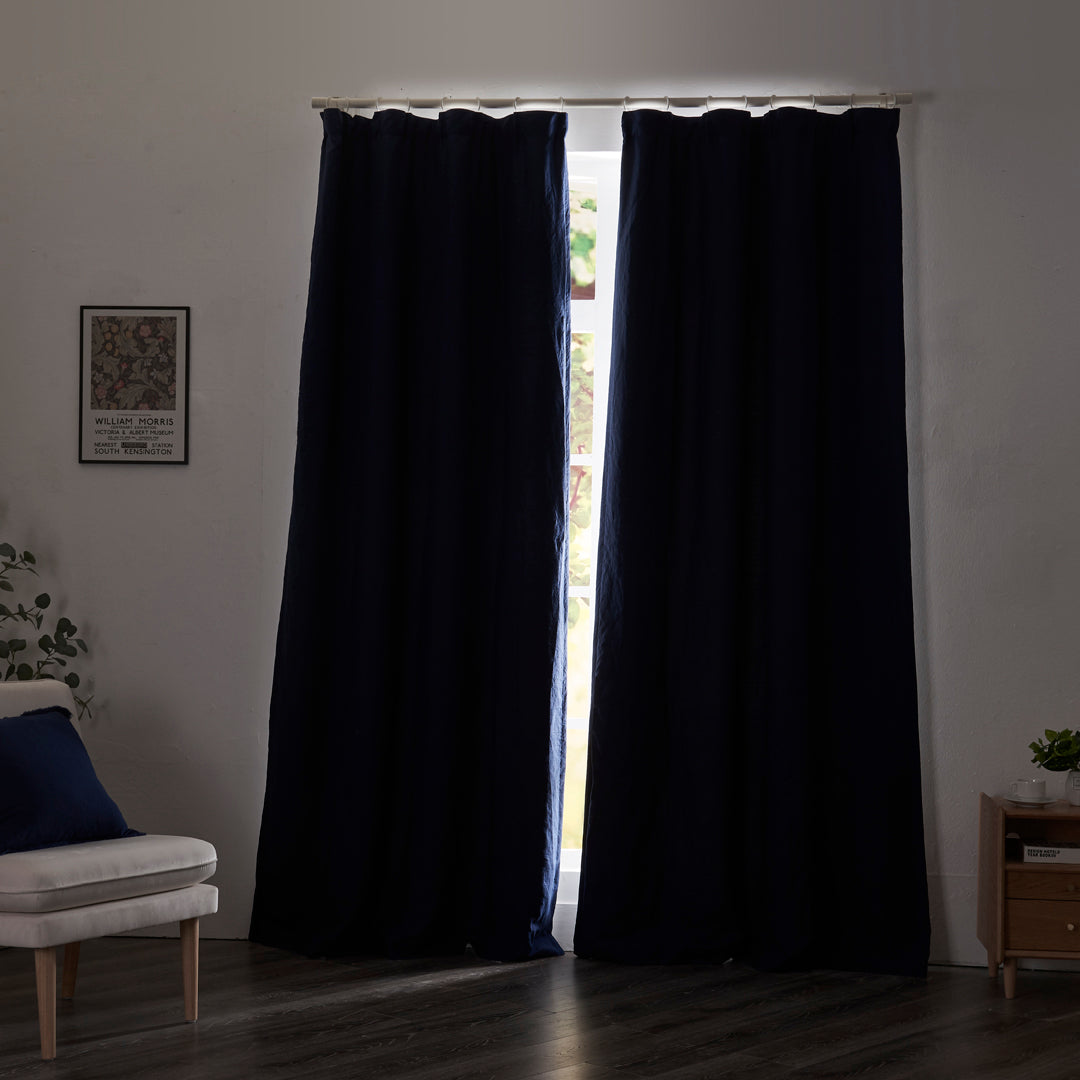 Closed Indigo Blue Linen Blackout Curtains Blocking Light