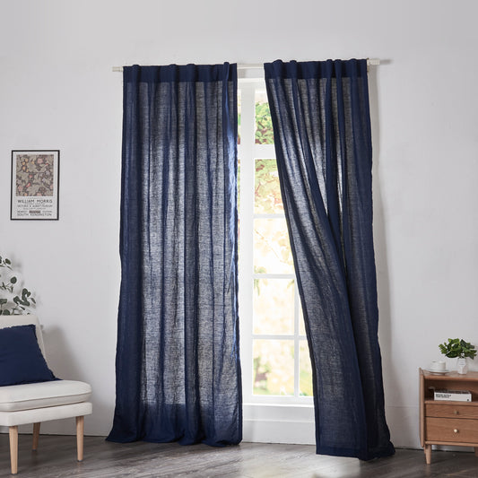 Indigo Blue Linen Curtains With Cotton Lining on Window