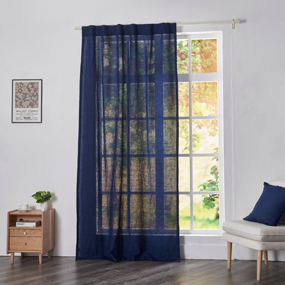 Indigo Blue Linen Drapery With Back Tab on Window