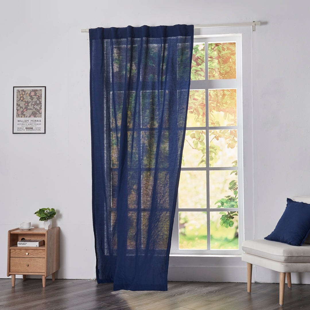Indigo Blue Linen Curtain With Back Tab on Window