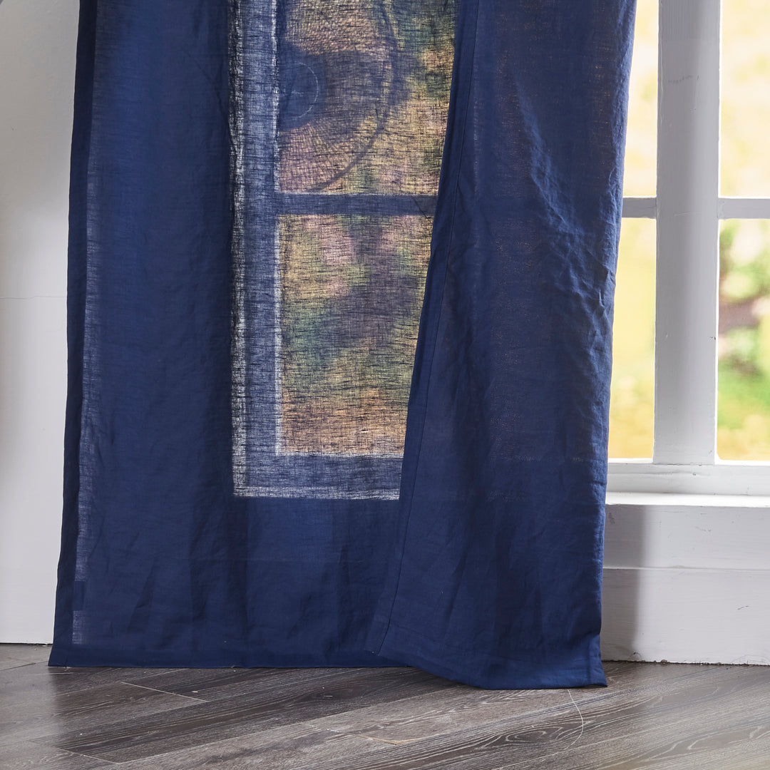Hem of Indigo Blue Linen Curtain With Back Tab