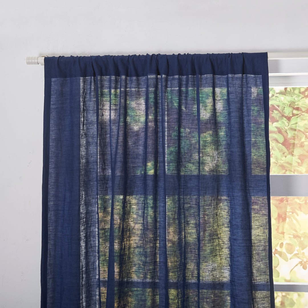 Rod Pocket Top of Indigo Blue Linen Curtain Panel