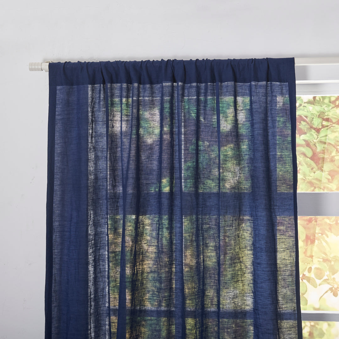 Indigo Blue Linen Curtain Panel Hung with Rod Pocket