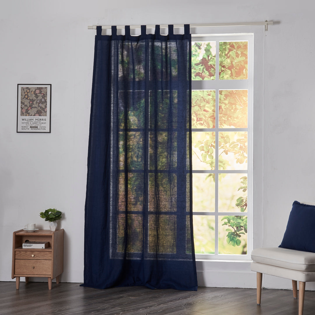 Indigo Blue Linen Drapery With Tab Top on Window