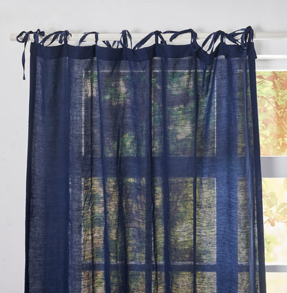 Indigo Blue Linen Curtain Panel with Tie Top