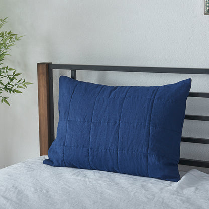 Quilted Linen Pillow Sham in Indigo Blue on Bed