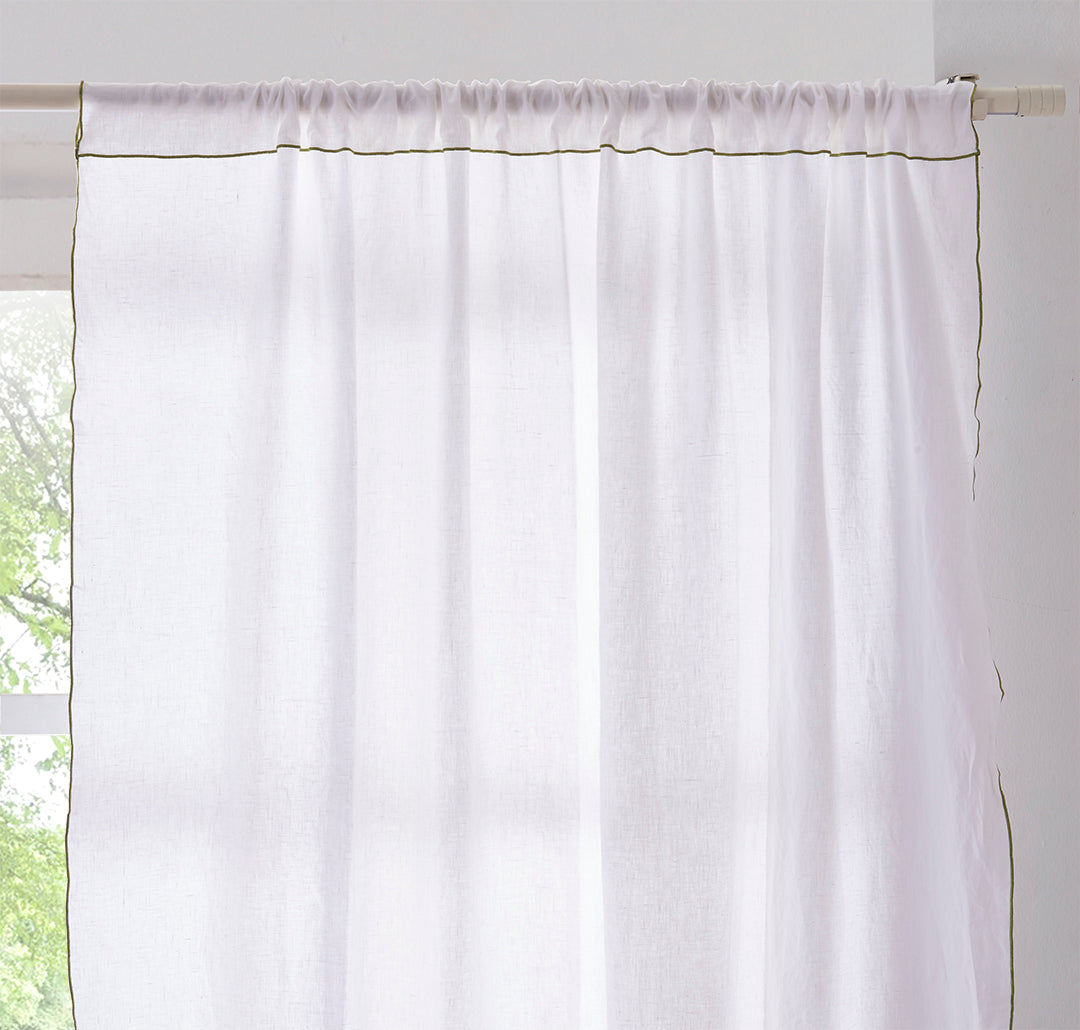Leek Green Embroidered Edge on White Linen Curtain