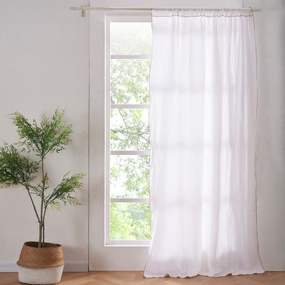 White Linen Curtain with Leek Green Embroidered Edge