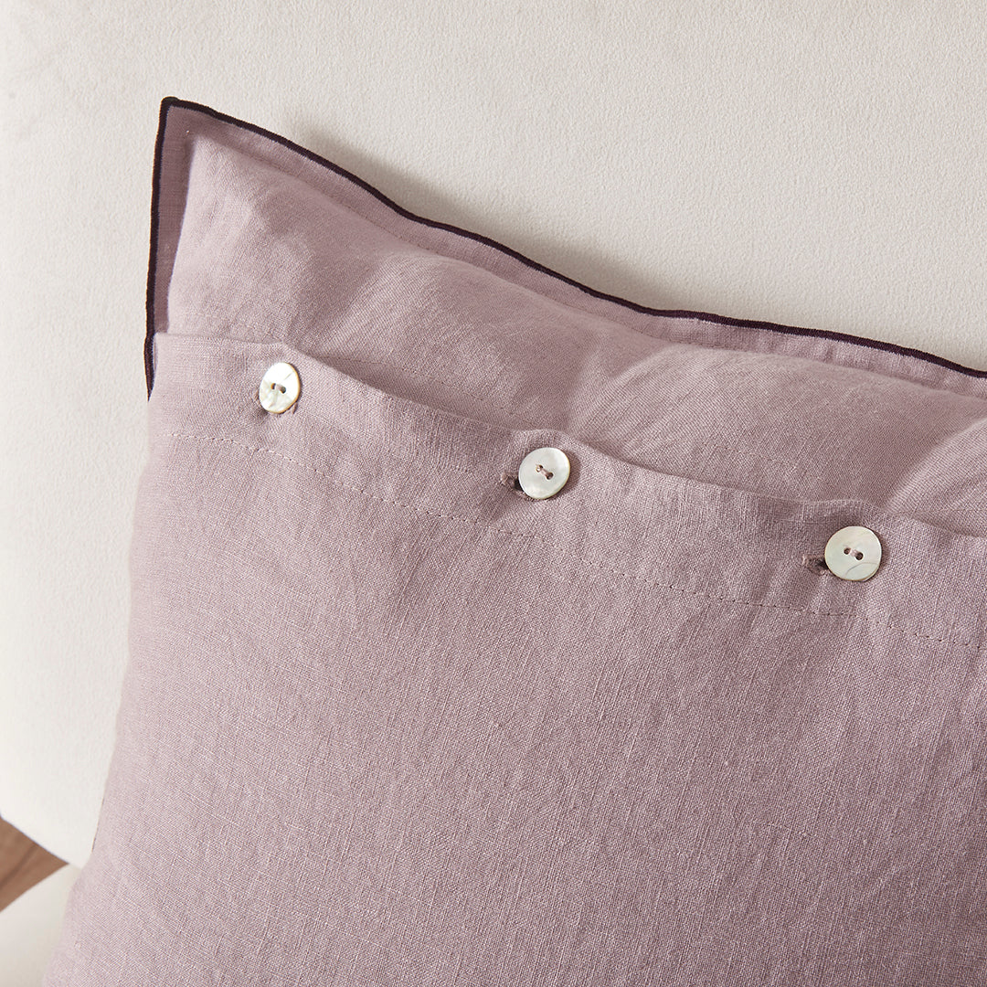 Mother of Pearl Buttons on Lilac Linen Cushion Cover