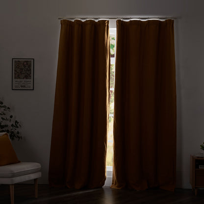 Mustard Yellow Linen Blackout Curtains Closed Over Window