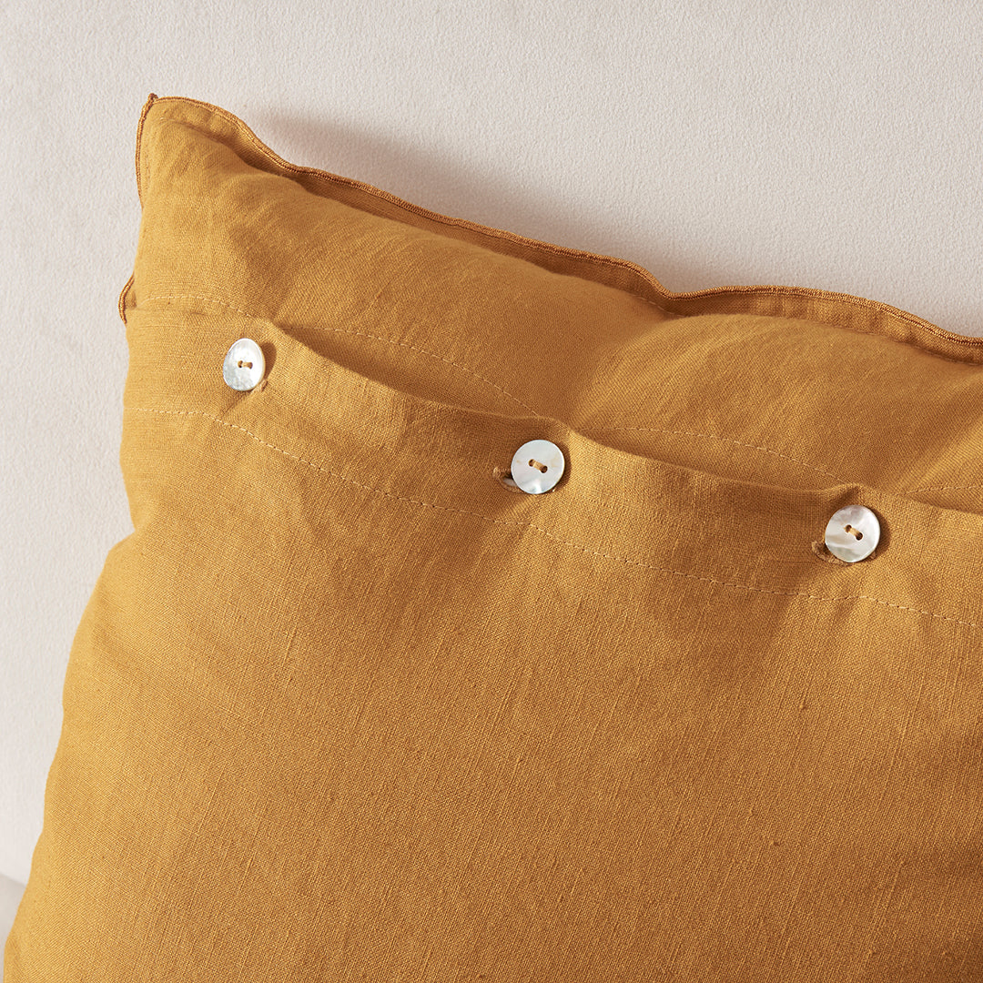 Buttons on Mustard Yellow Linen Pillow Cover