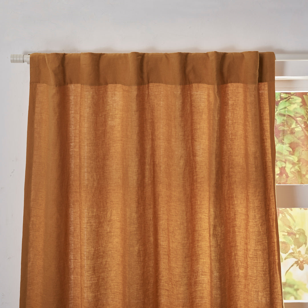 Back Tab Top of Mustard Yellow Linen Curtain