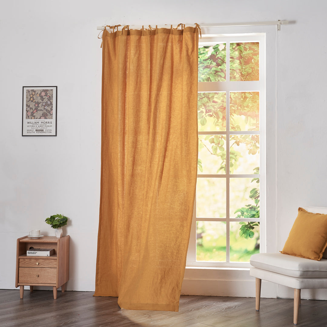 Mustard Yellow Linen Curtain With Tie Top on Window
