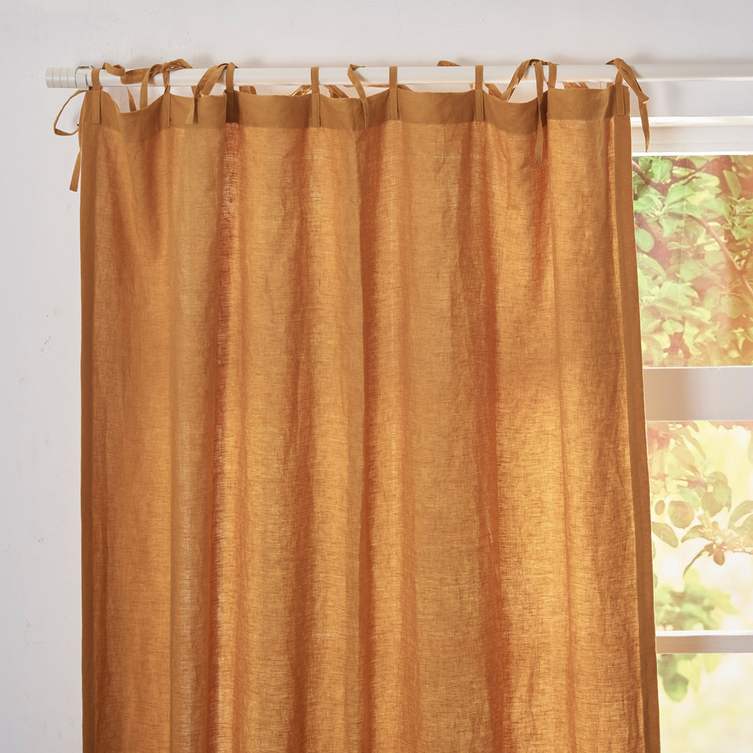 Bow Tie Top of Mustard Yellow Linen Curtain