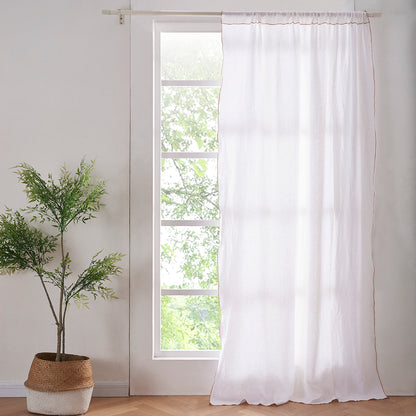 White Linen Curtain with Mustard Yellow Embroidered Edge on Window