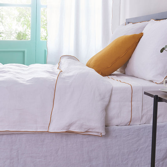 Breathable White Linen Duvet Cover with Mustard Yellow Embroidered Edge