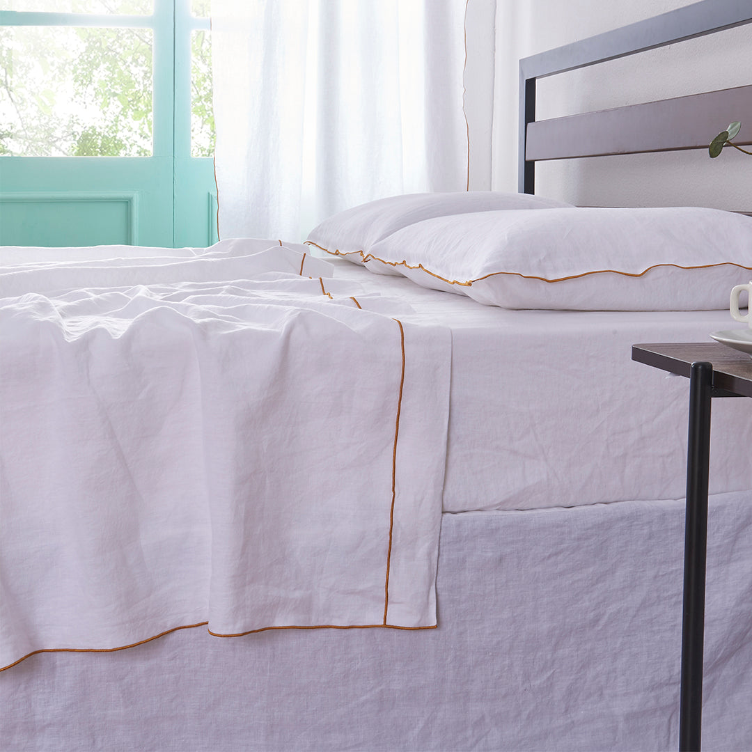 White Linen Flat Sheet with Mustard Yellow Embroidered Edge