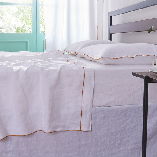 White Linen Flat Sheet with Mustard Yellow Embroidered Edge