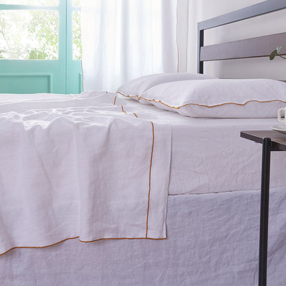 White Linen Flat Sheet with Mustard Yellow Embroidered Edge