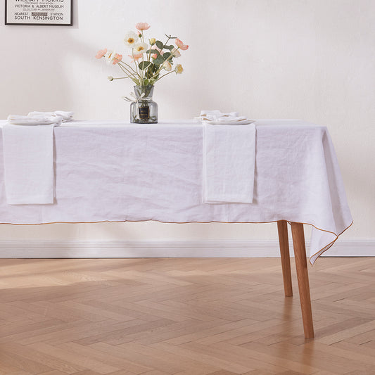 White Linen Tablecloth with Mustard Yellow Embroidered Edge