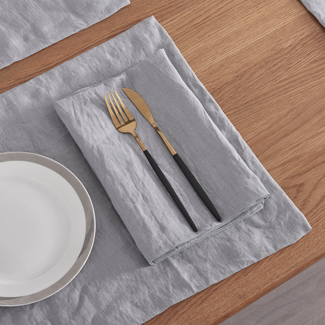 100% Linen Alloy Gray Plain Napkin with Flatware on Table