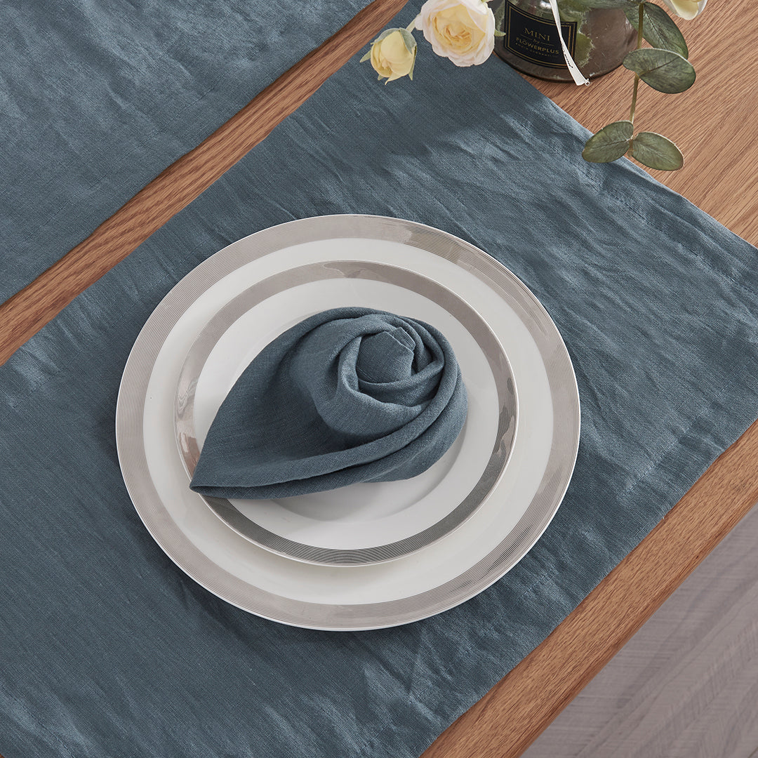 French Blue Linen Napkin Folded on Plate