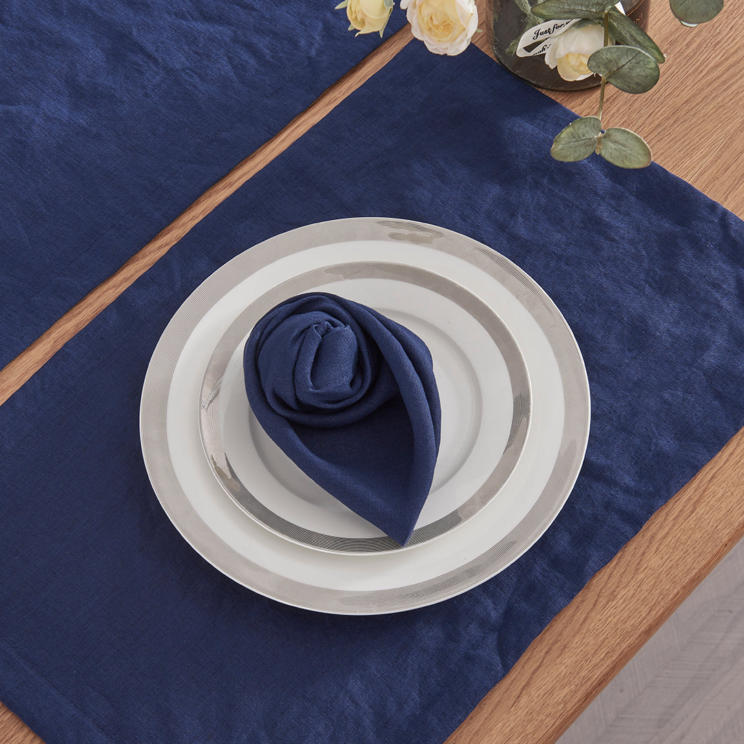 Indigo Blue Linen Napkin Folded on Plate